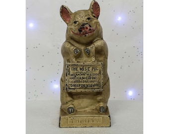 Antyczna żeliwna skarbonka Hubley „The Wise Pig” • Oryginalna nienaruszona, nieodnawiana farba, piękne, naturalnie postarzane wykończenie patynowe