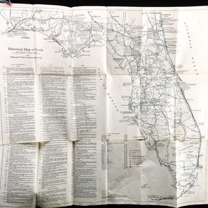 Authentieke 1932 kaart met volkstelling van Florida 27 x 29 inch historische feiten lijst met gebeurtenissen - jaren 1497 tot 1924 - oorlogen, kampen, forten, bestaande infrastructuur