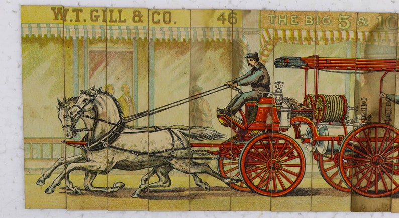RARE 1800s Strip Puzzle Horse Drawn Firemen Equipment Fire Truck 19th ...