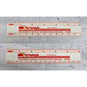 STRONGS OFFICE PRODUCTS • Defunct Albuquerque N.M. Business • Vintage Advertisement Ruler • 6-Inch/36 Pica/15.2 Centimeter Ruler