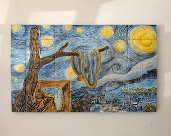 Handbemalte keramische Wanddekoration, Van Gogh Sternennacht Tile Art, Dali Melting Uhr Surrealismus, auf Bestellung Fine Art Keramik