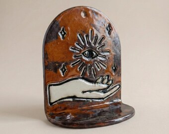 Handmade Ceramic Incense and Candle Holder: Mystic Eye Home Decor