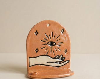 Mystic Hand & Eye Candle Holder – Boho Terracotta Incense Burner for Meditation, Home Decor