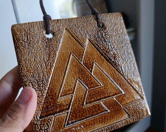 Handmade Ceramic Valknut Tile, Viking Mythology Wall Decor, Nordic Pottery Hanging