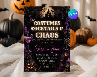 Inbjudan till Halloweenfest | Inbjudan till kostymer, cocktails och kaos | Halloweenfest för vuxna | Redigerbar Canva-mall | Digital nedladdning