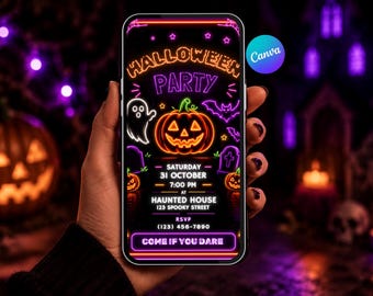 Animerad Halloweeninbjudan | Mobil inbjudan till neonhalloweenfest | Redigerbar Canva-mall | Digital festinbjudan | Direktnedladdning