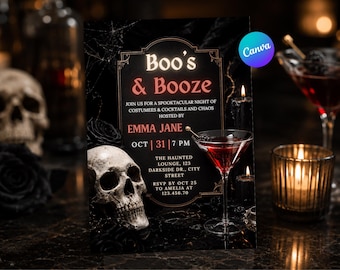 Inbjudan till Halloweenfest med Boos och sprit | Redigerbar Canva-mall | Inbjudan till Halloween-cocktailparty för vuxna | Spöklik digital nedladdning