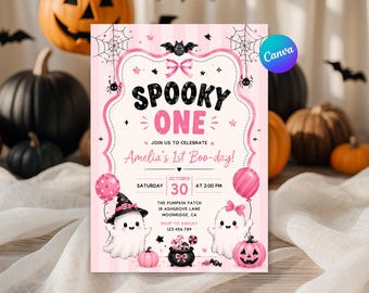 Rosa läskig födelsedagsinbjudan | Halloween 1-årsdagsinbjudan | Redigerbar Canvas-inbjudan | Girl Buh-dagsfest | Direktnedladdning