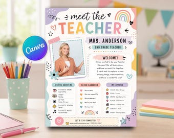 Möt läraren Canva-mall | Redigerbart lärarbrev | Utskrivbart för klassrummet | Direktnedladdning | Mall för tillbaka till skolan