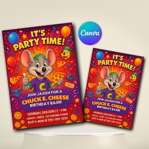 May include: Two colorful Chuck E. Cheese birthday party invitations. The invitations feature a cartoon mouse holding pizza and giving a thumbs up. Text includes "It's Party Time!" and party details.