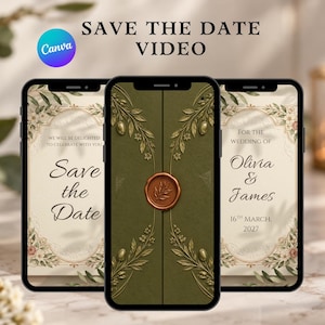 Puede incluir: Tres teléfonos inteligentes muestran una invitación de video digital Save the Date. Las pantallas presentan bordes florales elegantes, motivos de ramas de olivo, un sello de cera central y texto que incluye Save the Date, Olivia & James y 16 de marzo de 2027.