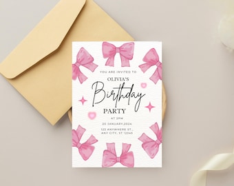 Pink Bow Birthday Invitation Template | Coquette Birthday Invite | Girl Party Invite | Editable Girly Canva Template | Girl Bow Invitation