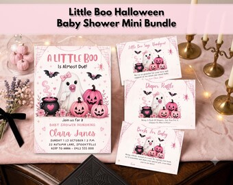 Little Boo babyshower-paket | Rosa Halloween-babyshowerinbjudan | Mall för inbjudan till flicka med spökpumpa | Redigerbart Canvas-paket