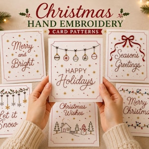 Puede incluir: Una colección de tarjetas de felicitación blancas con diseños bordados a mano con temas festivos. Las tarjetas muestran textos como Merry and Bright, Happy Holidays, Season's Greetings, Let it Snow, Christmas Wishes y Merry Christmas con motivos.