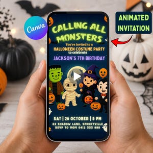 May include: A smartphone screen displaying a digital Halloween party invitation with the text CALLING ALL MONSTERS, YOU'RE INVITED TO A HALLOWEEN COSTUME PARTY TO CELEBRATE JACKSON'S 7TH BIRTHDAY, SAT 26 OCTOBER 5 PM, 22 SHADOW LANE, SPOOKYVILLE, RSVP TO MOM 0412 555 888.