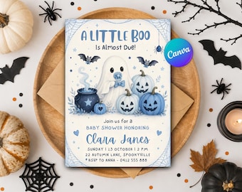 Mall för blå Halloween-inbjudan till babyshower | En liten buh är nästan här | Inbjudan till babyshower för pojke | Spöklik söt babyshower