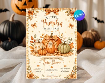 Inbjudan till liten pumpa-babyshower | Höstbabyshowerinbjudan | Redigerbar Canvas-inbjudan | Höstpumpa-inbjudan | Liten pumpa på väg