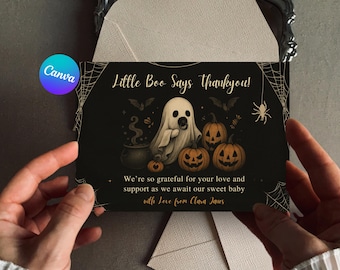 Tackkort för Halloween-babyshower | Tackkort för en liten buh är nästan på gång | Tackkort för spökpumpa-babyshower | Canva-mall