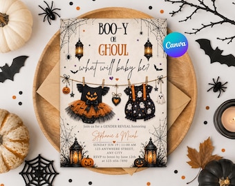 Inbjudan till Halloween-könsavslöjande | Boo-y- eller Ghoul-inbjudan | Redigerbar Canvas-mall | Spöklik babyshowerinbjudan | Digital nedladdning