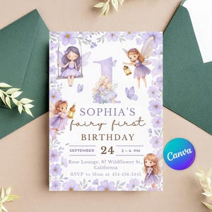 Fairy First Birthday Invitation | Girl 1st Birthday Invitation | Purple Fairy Birthday Invite | Editable Fairy First Invitation Template