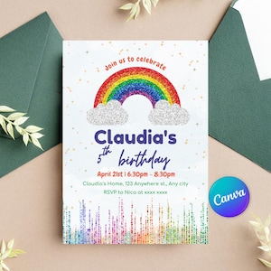Rainbow Birthday Invitation Girl | Glitter Digital Invite | Editable Party Invite Template | Colorful Kids Birthday Card | Girl Party Invite
