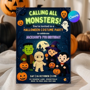 May include: A dark blue Halloween party invitation featuring the text CALLING ALL MONSTERS! and JACKSON'S 7TH BIRTHDAY. The design includes cartoon illustrations of a Frankenstein monster, a mummy, a witch, and a vampire, all holding jack-o'-lanterns.