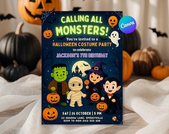Halloweeninbjudan "Kallar på alla monster" | Födelsedagsinbjudan för barnmaskering | Redigerbar digital nedladdning | Läskigt födelsedagskort