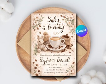 Inbjudningsmall för babyshower med kaffe | Inbjudan till babyshower i Canva | Nedladdning av neutral babyshowerinbjudan