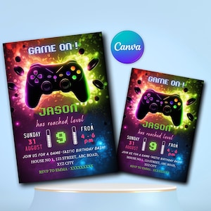 Faire-part d&#39;anniversaire jeu vidéo, invitation à une fête de jeu, modèle de toile modifiable, anniversaire à imprimer pour garçons