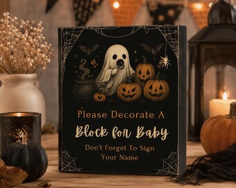 Halloween-dekorera en blockskylt | Spök-babyshower-blockskylt | Redigerbar Canvas-aktivitetsskylt för babyshower | Utskrivbar dekorskylt