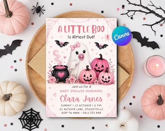 Inbjudan till babyshower med rosa spökemotiv | Inbjudan till babyshower med Halloween-flicka | Canva-mall