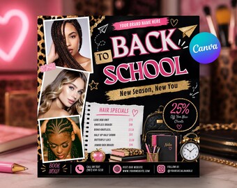 Mall för flygblad för hårsalong tillbaka till skolan | Canva-flyer för skönhetssalong | Marknadsföringsmall för skolfrisör | Redigerbar Canva-flyermall