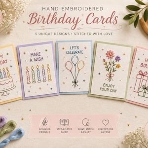 Puede incluir: Cinco tarjetas de cumpleaños bordadas a mano con diseños coloridos que incluyen un pastel, velas, globos, flores y regalos. Las tarjetas muestran textos como Happy Birthday, Make a Wish, Let's Celebrate y Enjoy Your Day.