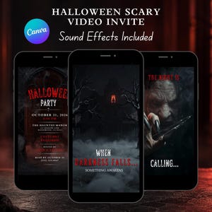 May include: Three smartphones displaying a Halloween scary video invitation. The screens show dark, atmospheric graphics including a haunted manor, a spooky figure, and text reading Halloween Party, When Darkness Falls, and The Night Is Calling.