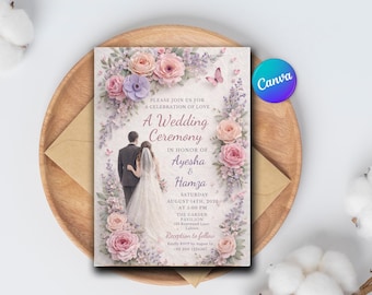 Mall för elegant blommig bröllopsinbjudan | Redigerbar bröllopsinbjudan Canvas | Romantiskt pastellfärgat bröllopskort | Utskrivbar bröllopsinbjudan