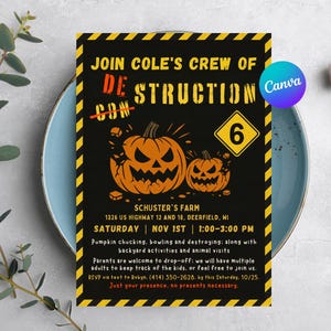 May include: A Halloween party invitation in black and yellow, featuring the text "Join Cole's Crew of Destruction". The design includes two carved pumpkin illustrations and event details, including the date, time, and location.