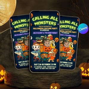 May include: Three smartphones displaying a Halloween party invitation with the text "Calling All Monsters." The invitation features cartoon monsters, pumpkins, and the event details. Lit jack-o'-lanterns and a full moon complete the spooky scene.