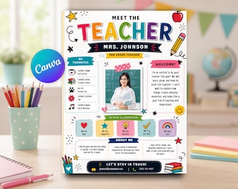 Möt läraren-mall Canva-redigerbar | Introduktionsbrev för lärare till skolan | Färgglatt utskrivbart klassrum | Nedladdning av amerikanskt brev