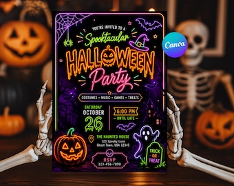 Inbjudan till Halloweenfest i neon | Redigerbar Canvas-inbjudan | Läskig Halloween-inbjudan | Digital nedladdning | 5x7-inbjudan | Neonfestkort