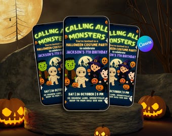 Halloween Birthday Invitation | Kids Costume Party Digital Download | Editable Animated Birthday Invite | Spooky Monster Theme