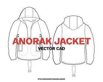 pullover anorak jacket / hooded windbreaker digital template / technical illustration