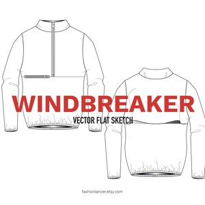 May include: A black and white line drawing of a windbreaker jacket with a zipper and a kangaroo pocket. The drawing shows the front and back views of the jacket.
