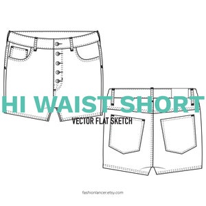 high rise denim shorts with button fly • CAD sketch digital illustration vector file (AI)