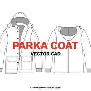 hooded parka jacket / outerwear coat with pockets CAD sketch digital illustration vector file (AI)