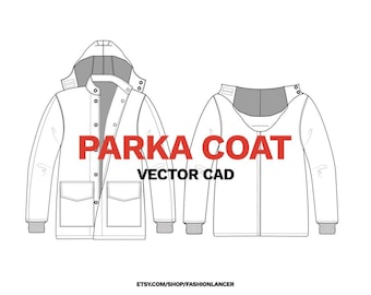 hooded parka jacket / outerwear coat with pockets CAD sketch digital illustration vector file (AI)