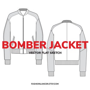 May include: A flat sketch illustration of a bomber jacket with a zip fastening. The jacket has a ribbed collar, cuffs, and hem. The text "BOMBER JACKET VECTOR FLAT SKETCH" is printed below the image.