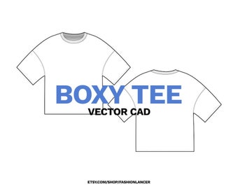 boxy short sleeve tshirt CAD flat sketch digital fashion illustration template for tech pack (AI)