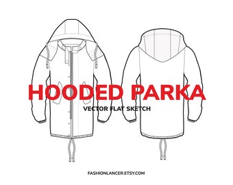 parka coat with hood & pockets • CAD flat sketch • fashion design template • digital illustration vector file (AI)