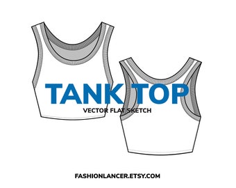 cropped tank top / sleeveless tshirt with rib •  CAD flat sketch • digital fashion illustration template for tech pack (AI)