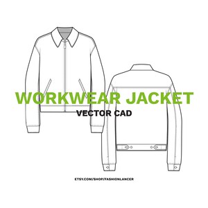 Op de afbeelding: Lijntekening van een werkjas met een ritssluiting en twee zakken aan de voorkant. De achterkant van de jas is ook weergegeven. De tekst "WORKWEAR JACKET VECTOR CAD" wordt onder de afbeelding weergegeven. De tekst "ETSY.COM/SHOP/FASHIONLANCER" wordt onder de afbeelding weergegeven.